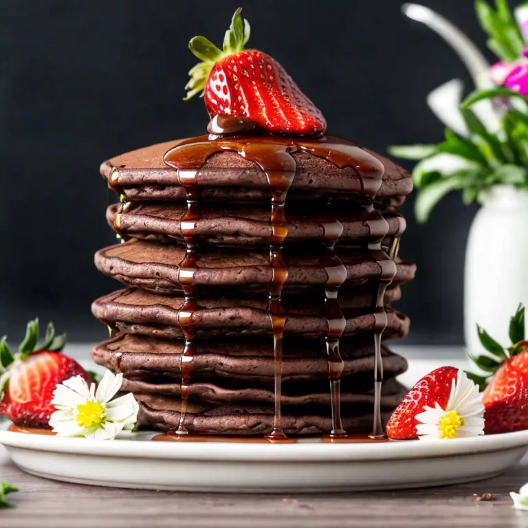 dark chocolate oatmeal pancakes with strawberry syrup